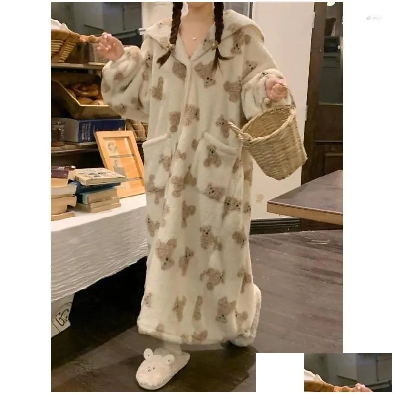 Women`s Sleepwear Flannel Nightgowns Women Fleece Warm Bear Korea Style Sweet Sleepshirt Thermal Winter Nightdress Nightwear Home