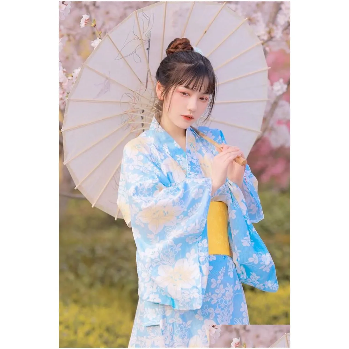 Ethnic Clothing Asian Fashion Women Blue Kimono Cardigan Autumn Formal Dress Cherry Blossom Po Sweet Japanese Style Literary Retro