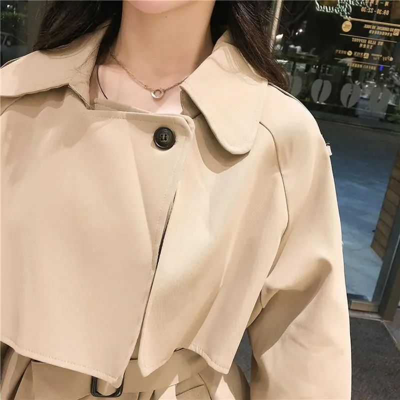 Women`s Trench Coats FTLZZ Spring Women Elegant Turn-down Collar Double Breasted Chic Vintage Pockets Slim Khaki Black Coat With Belt