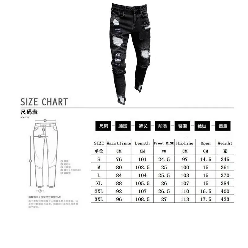 Patchwork Biker Embroidery Print Jeans 3 Styles Men Stretchy Ripped Skinny Destroyed Hole Taped Slim Fit Denim Scratched High