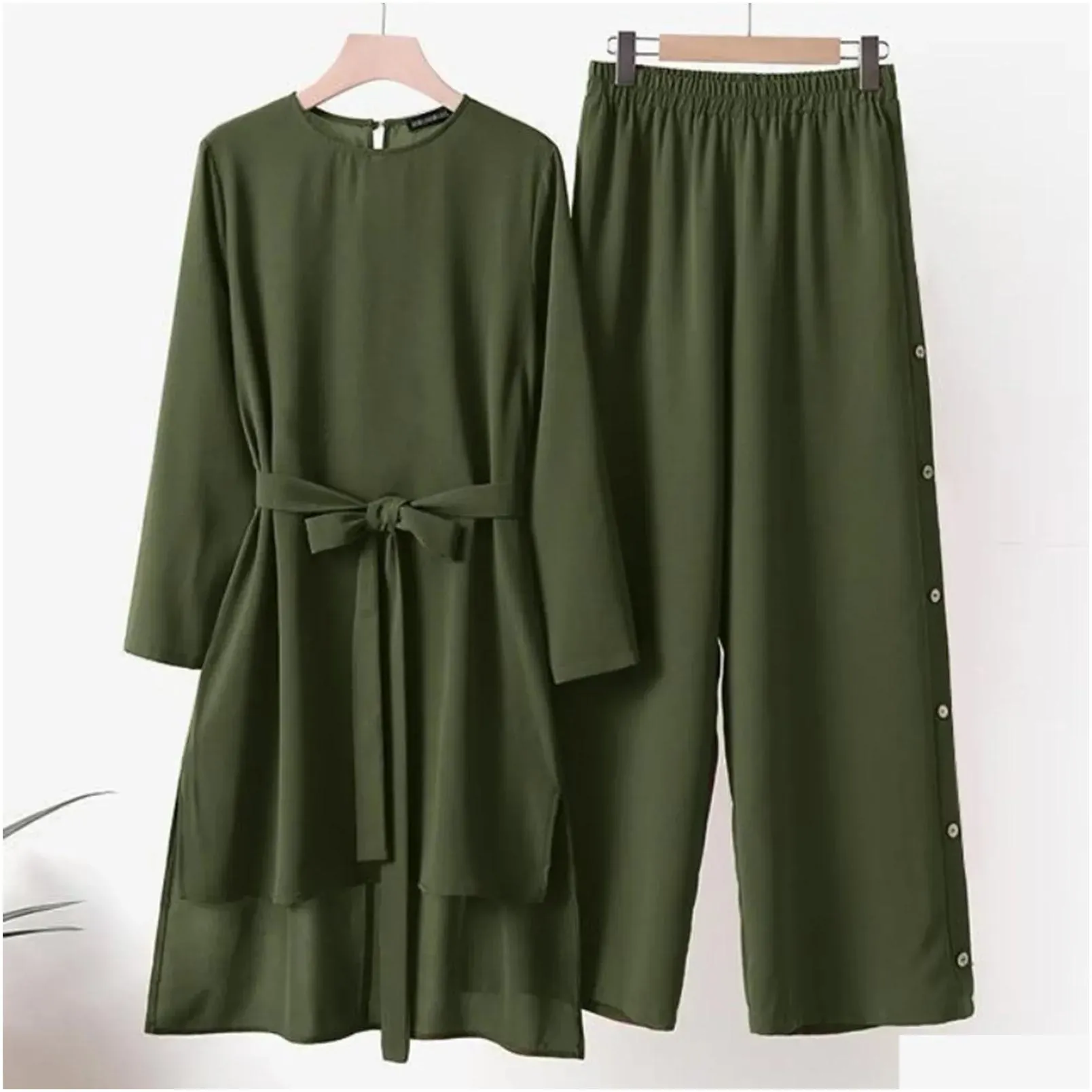 Sets Women`s Casual Solid Retro Shirt High Waist Loose Long Pant Muslim Suit