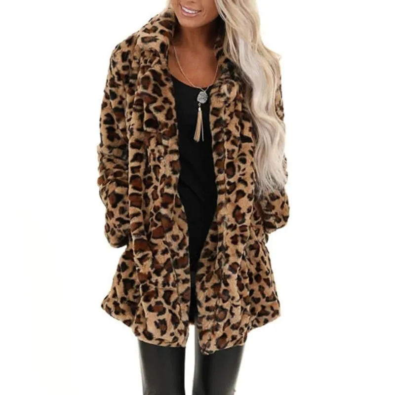 Women`s Leopard Faux Fur Pocket Fuzzy Warm Winter Oversized Outwear Long Coat Female Sleeve Outerwear Menteau Hiver @40 Jackets