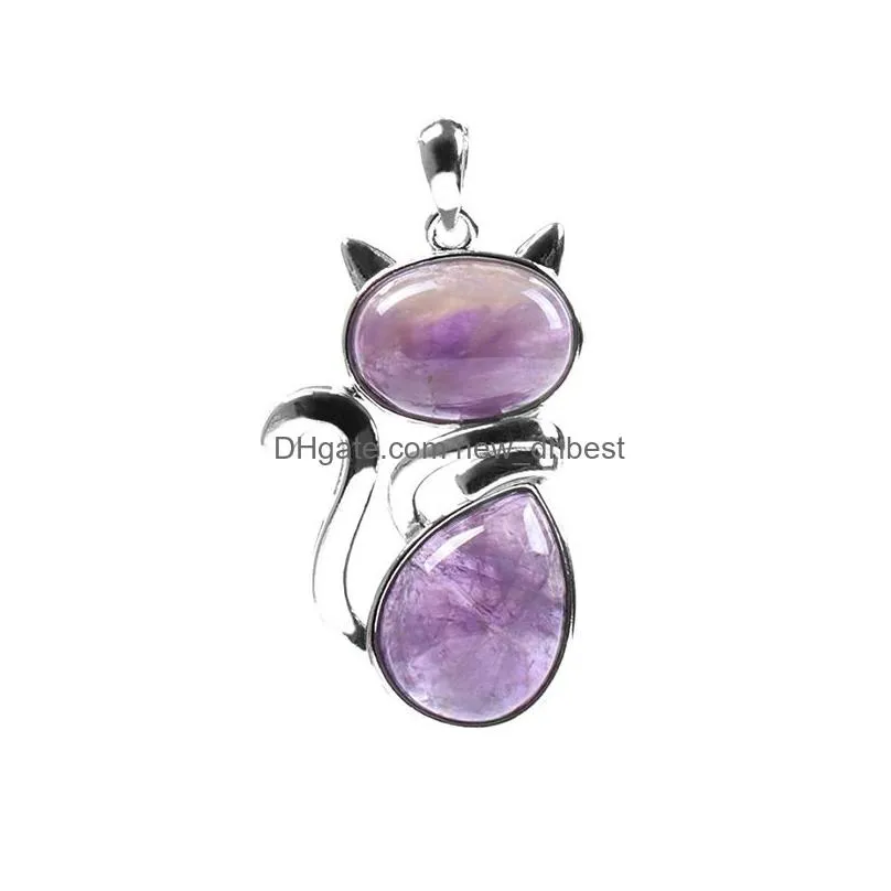 Pendant Necklaces Jln Cute Kitty Cat Stone Pink Quartz Amethyst Tiger Eye Agate Gemstone With Brass Chain Necklace For Drop Delivery J Dhfhz