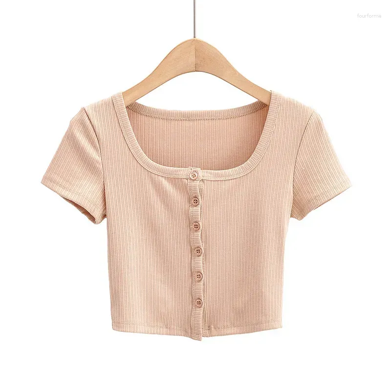 Women`s T Shirts Women Rib Button Through Short Sleeve Top
