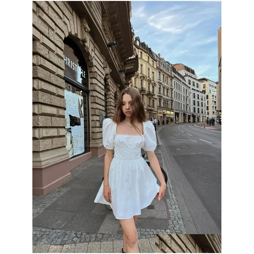 Party Dresses White Dress Summer Women Short Sleeve Square Neck Solid Color Elegant Evening Mini