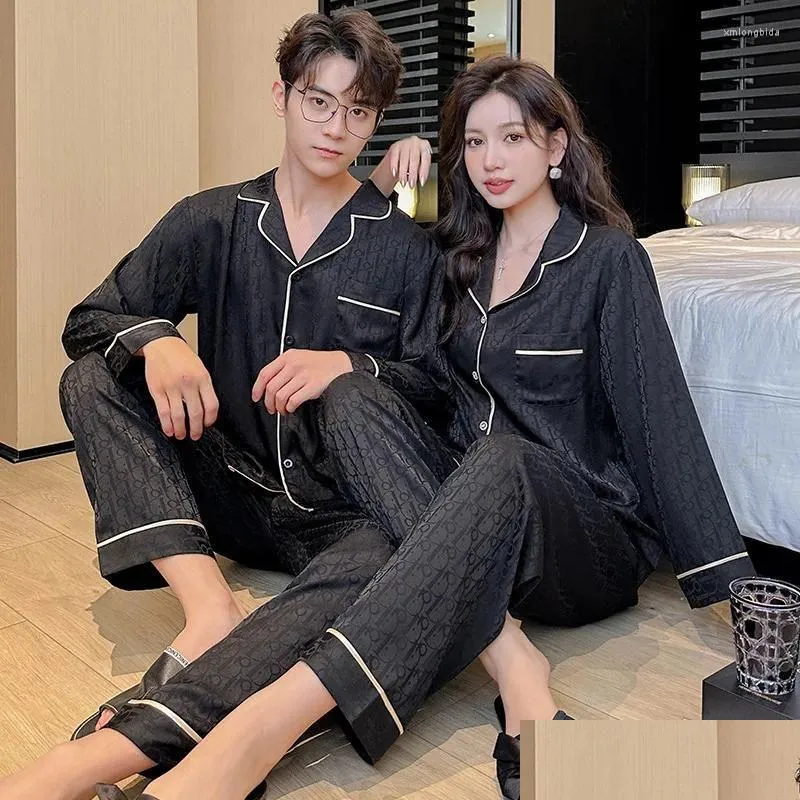Women`s Sleepwear Jxgarb Autumn Fashion Ice-silk Women Men Couples Pajamas Sets Leisure Female Male Lovers Printed Satin Pijamas