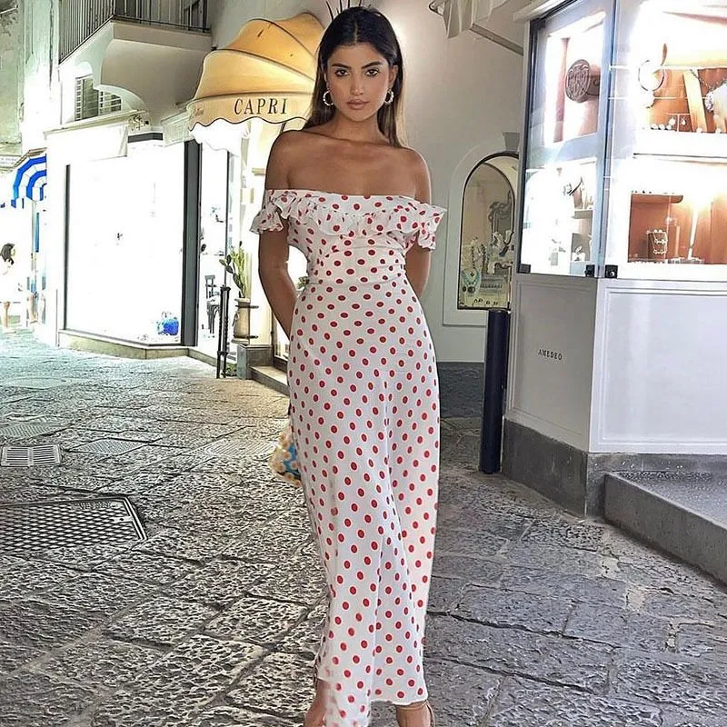 Casual Dresses Women Red Polka Dot Summer Backless Sexy Dress Korean Elegant Lace Up Tunic Bohemia Beach Long Femme