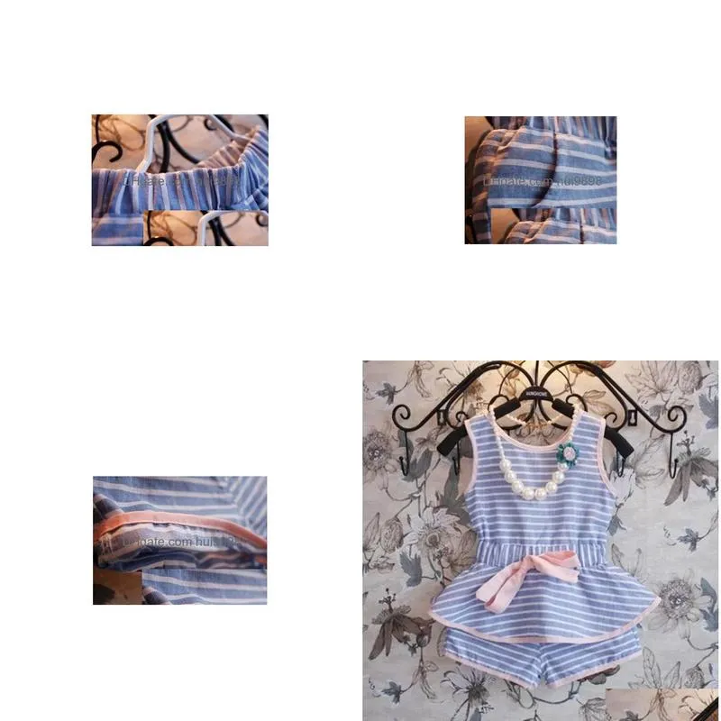 summer children outfits sets lady style stripe kids twopiece set pure and  wathet blue girls clothing sets fit 27age