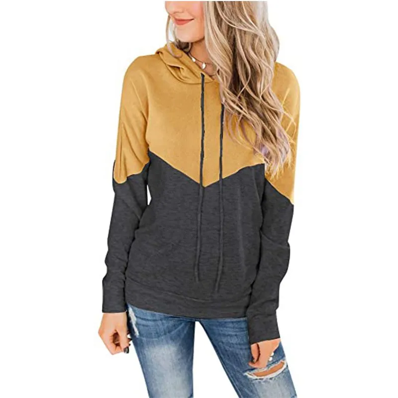 Spot Hoodies European and American tops women`s casual style hooded drawstring contrast color long-sleeved sweater