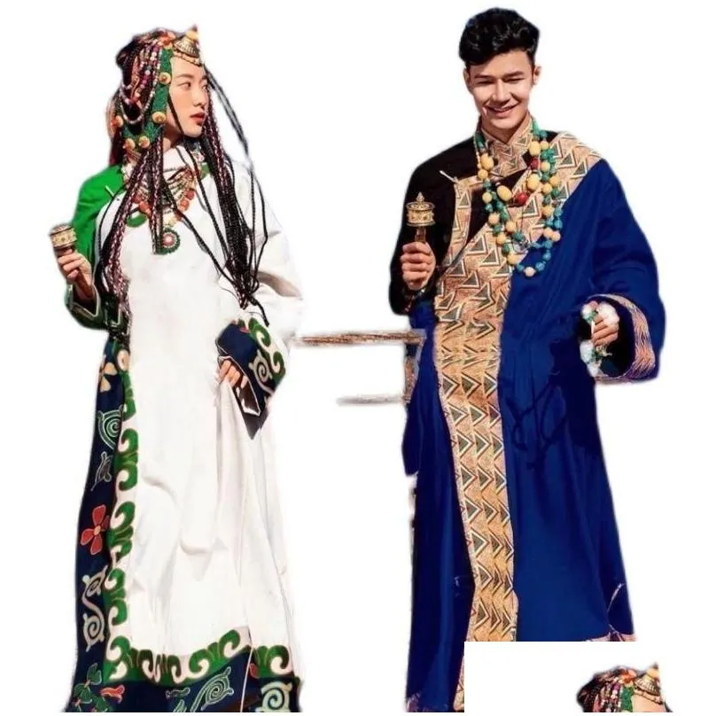 Ethnic Clothing Traditional Couple Print Robe Gown Thick Winter Warm Tibetan Robes Dress Chinese Style Lovers Performance Costumes