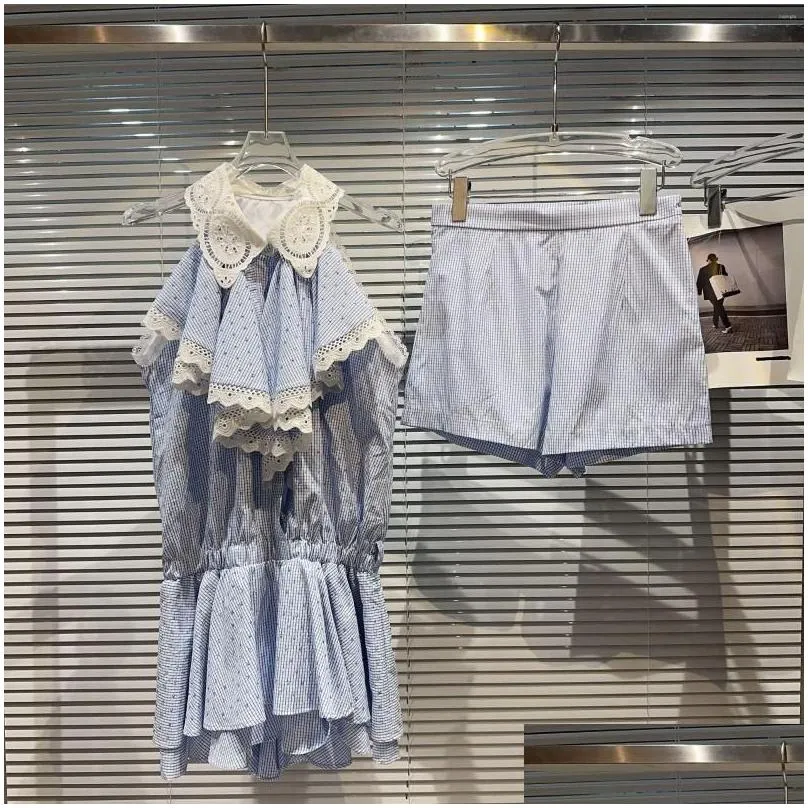 Women`s Tracksuits PREPOMP Summer Arrival Lace Ruffles Rhinestone Diamonds Shirt Elastic Waist Short Blue Plaid Two Piece Set Outfits