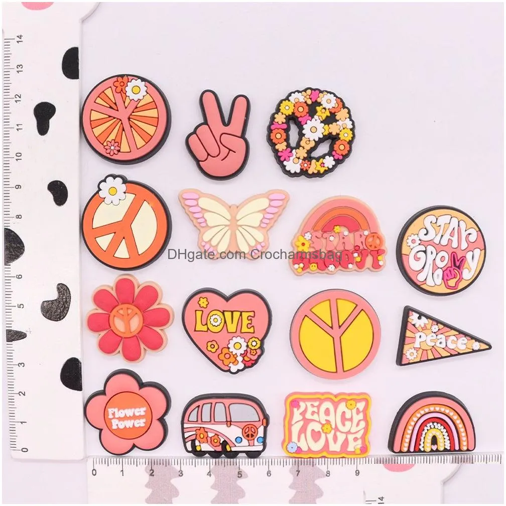 Shoe Parts & Accessories Wholesale 100Pcs Pvc Peace Love Bus Butterfly Hand Heart High Heels Garden Charms Decorations For Button Clog Dh0Db
