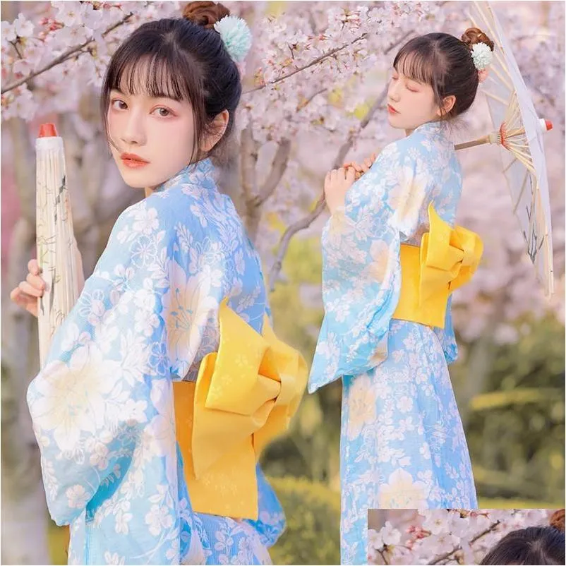 Ethnic Clothing Asian Fashion Women Blue Kimono Cardigan Autumn Formal Dress Cherry Blossom Po Sweet Japanese Style Literary Retro