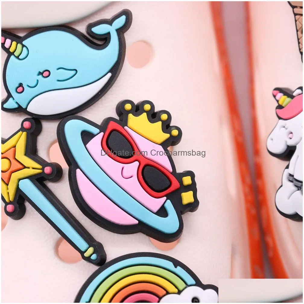 Shoe Parts & Accessories Wholesale 100Pcs Pvc Planet Heart Alien Horse Wow Stay Weird Flower Whale Seal Rainbow Garden Charms Children Dhho0