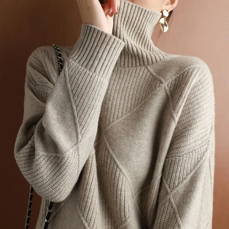 Cashmere Sweater Women Turtleneck Pure Color Knitted Pullover 100% Wool Loose Large Size