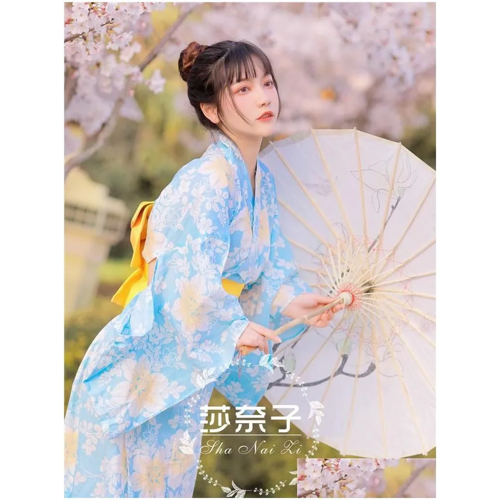 Ethnic Clothing Asian Fashion Women Blue Kimono Cardigan Autumn Formal Dress Cherry Blossom Po Sweet Japanese Style Literary Retro