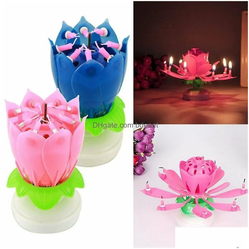 Other Event & Party Supplies Rotating Colorf Petals Music Candle Children Birthday Lotus Sparkling Flower Candles Squirt Blossom Flame Dhxto