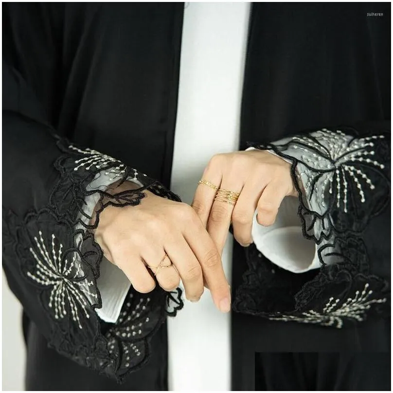 Ethnic Clothing Kimono Sleeve Lace Embroidery Cardigan Dress Open Zipper Abaya Kaftan Jilbab Robe Women Muslim Islamic Outwear EID