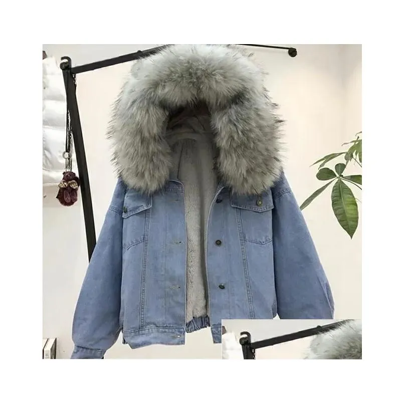 women jean jacket Winter Thick Jean Jacket Faux Fur Collar Fleece Hooded Denim Coat Female Warm Denim Outwea