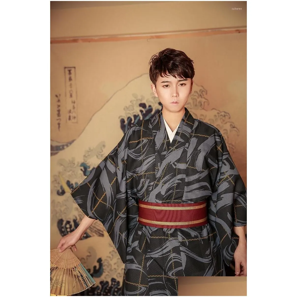 Ethnic Clothing Formal Party Costume Standard Kimono Japan Bathrobe Black Male Cotton Flower Vintage Asian Folk Cosplay One Size