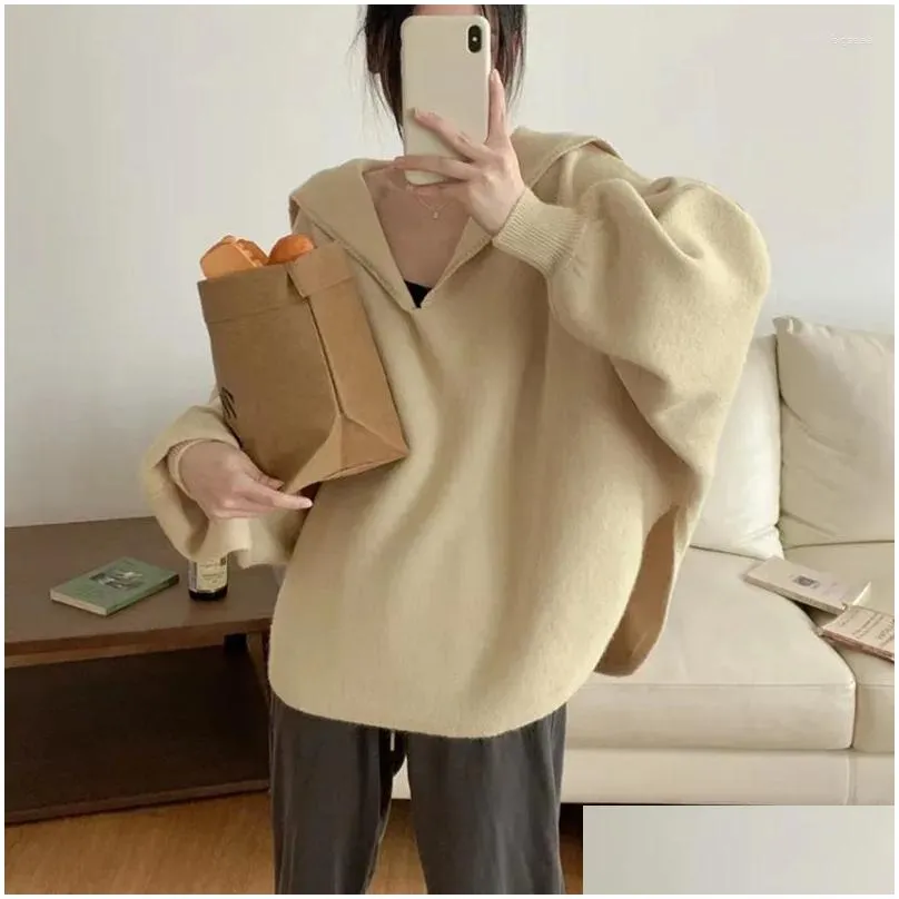 Women`s Jackets 2024 Navy Collar Blouse Women With Early Autumn Knitwear Lazy Loose Side Slit Design Long Sleeve Korean System