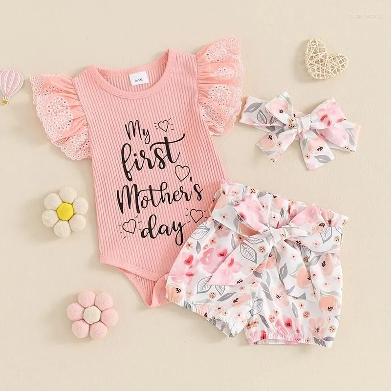 Clothing Sets My First Mothers Day Baby Girl Outfit Born Clothes Short Sleeve Ribbed Ruffle Romper Floral Shorts Headband Set