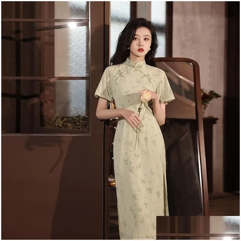 Ethnic Clothing Light Green Cheongsam Vintage Loose Sleeve Chinese Traditional Dress Slim Female Women Long Qipao S To 2XLEthnic
