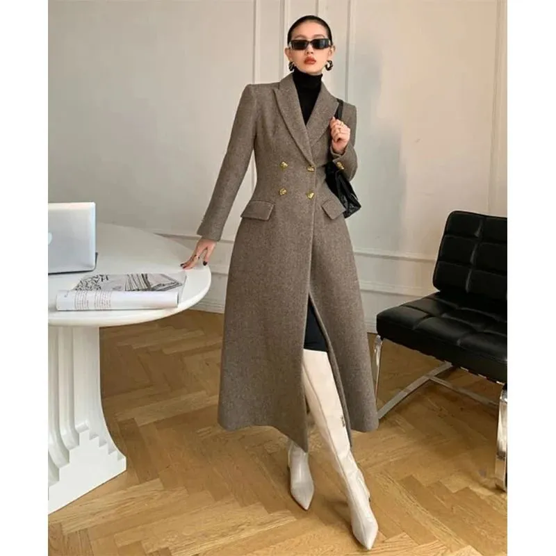 Womens Wool Blends MEXZT Vintage Long Coat Women Elegant Blazer Woolen Jackets Korean Slim Suit Overcoat Winter Office Lady Simple Outwear