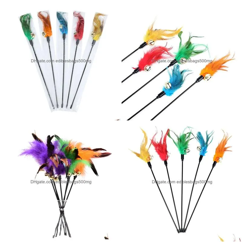 cat toy factory short rod chicken feather bell cat stick multi-color feather cat training toy factory