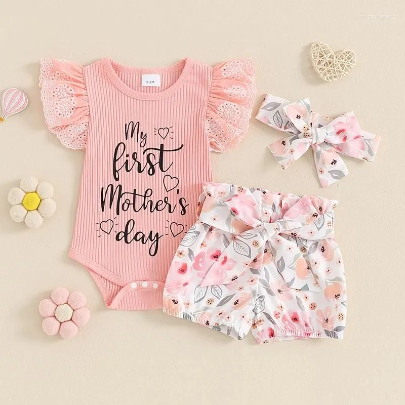 Clothing Sets My First Mothers Day Baby Girl Outfit Born Clothes Short Sleeve Ribbed Ruffle Romper Floral Shorts Headband Set