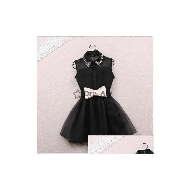 Wholesale-Free Bow Belt Spring Summer 2015 New Fashion Sweet Pearl Diamond Lapel Waist Sleeveless Tank Vest Dress Gauze Tutu