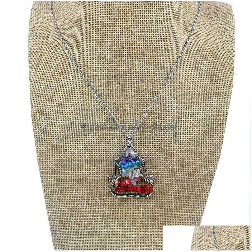 Pendant Necklaces Jln Seven Chakra Chip Stone Yoga Vintage Red Copper Plated Meditation Pendants With Brass Chain Leather Necklace For Dh2Il