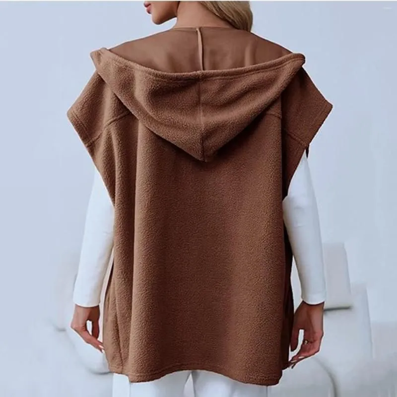 Women`s Vests Brown Wool Tank Top Hooded Button Coat Autumn Sleeveless With Pocket Hat