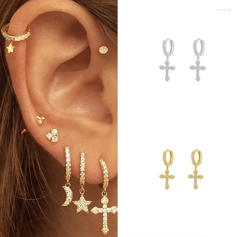 Hoop Earrings Cross Pendant Fashion For Women Gold Color Crystal Ear Buckle Cartilage Piercing Jewelry Accessories KBE311