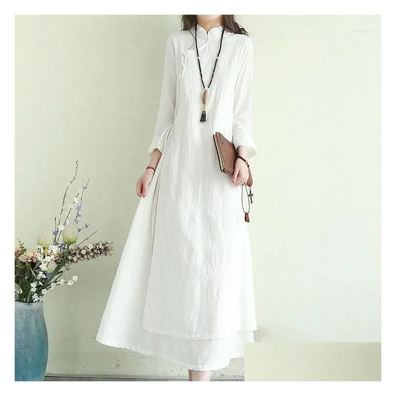 Ethnic Clothing 2023 Chinese Cotton Linen Retro Style Dress Women`s Summer Standing Collar Long Art Improved Qipao