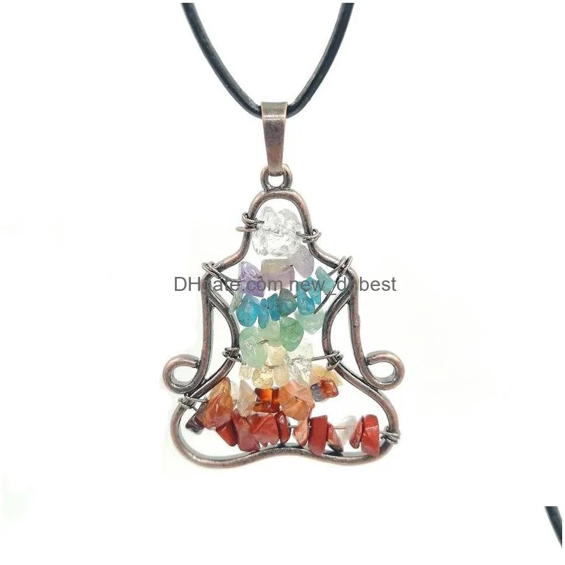 Pendant Necklaces Jln Seven Chakra Chip Stone Yoga Vintage Red Copper Plated Meditation Pendants With Brass Chain Leather Necklace For Dh2Il