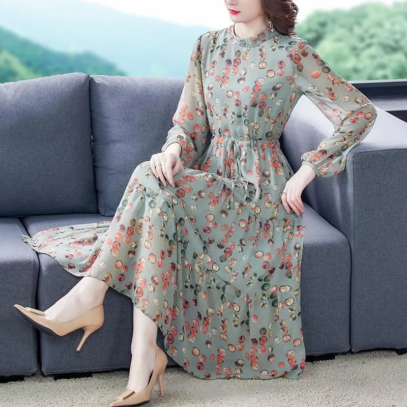 Casual Dresses Elegant Dot Print Long Sleeve Women 2023 Autumn Boho O Neck Chiffon A Line Dress Fashion Party Vestidos