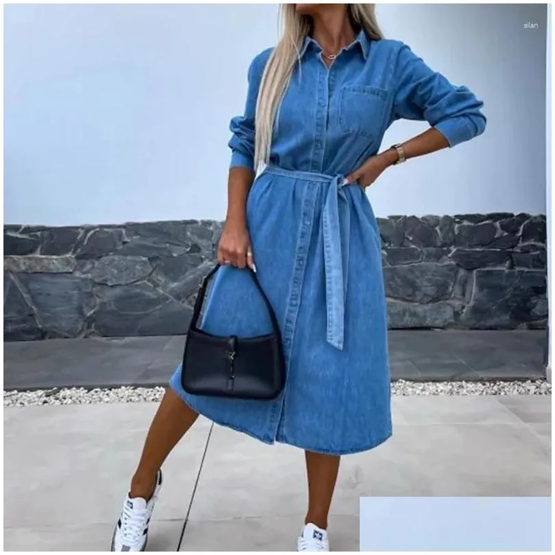 Casual Dresses Women 2024 Spring Solid Button Denim Dress Simple Turn-down Collar Lace-up Office Elegant Long Sleeve