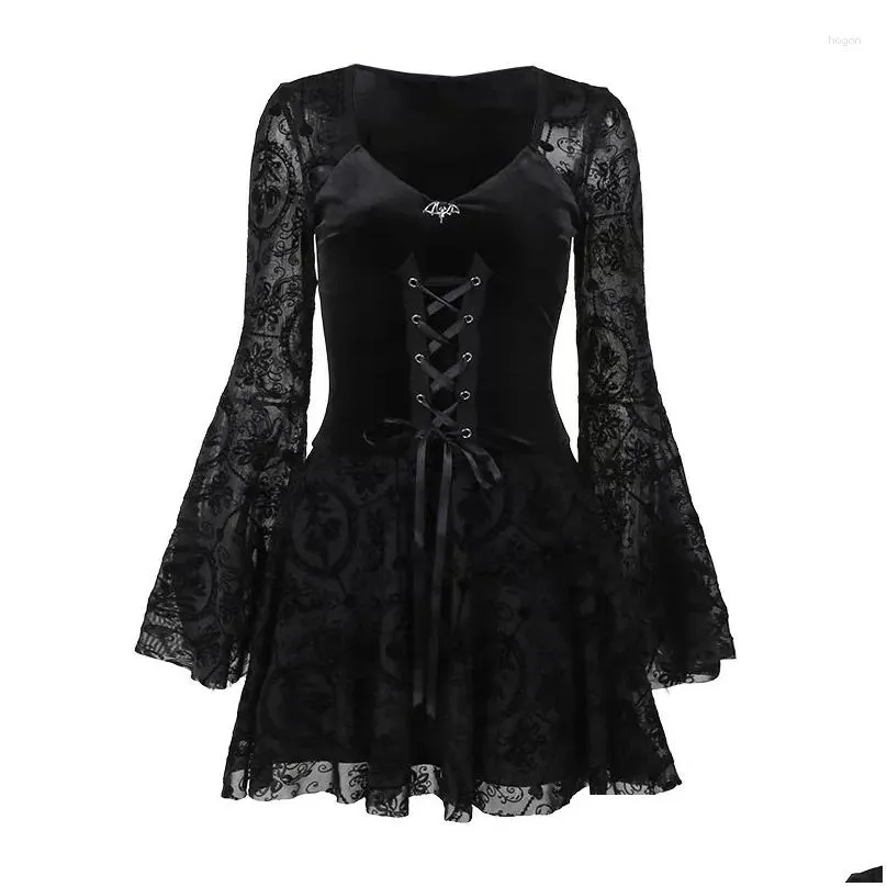 Casual Dresses Goth Long Sleeve High Waist 2024 Vintage Punk Style Flocked Bandage Dress Women Flare Party Alt Outfit