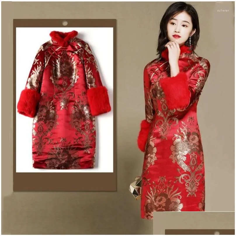 Ethnic Clothing Autumn Winter Shanghai Story Silk Blend Women Qipao Chinese Dress Long Sleeve Cheongsam Gown Knee Length Oriental