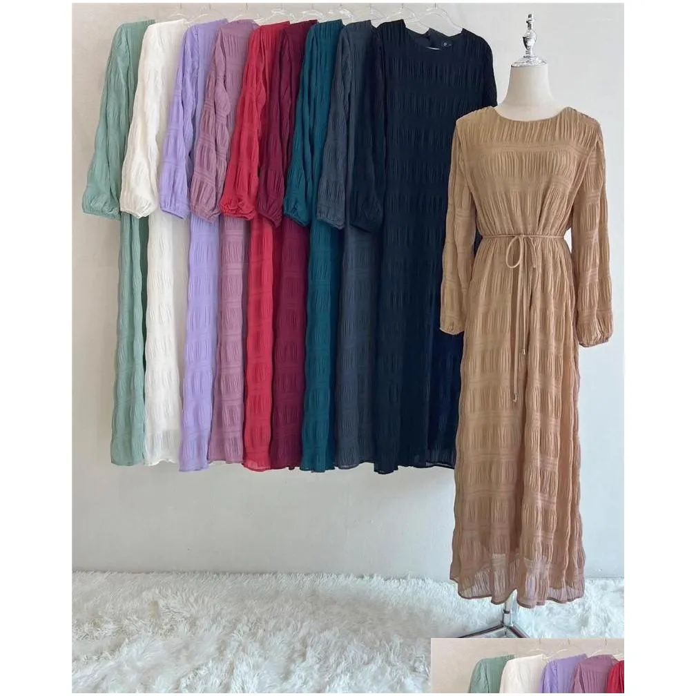 Ethnic Clothing Ramadan Middle East Muslim Robe Jilbab Abaya Solid Color Chiffon Long Sleeve Dress Women`s Abayas Without Hijab