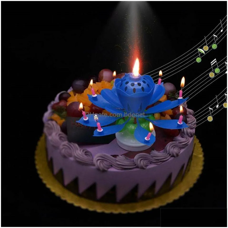 Other Event & Party Supplies Rotating Colorf Petals Music Candle Children Birthday Lotus Sparkling Flower Candles Squirt Blossom Flame Dhxto