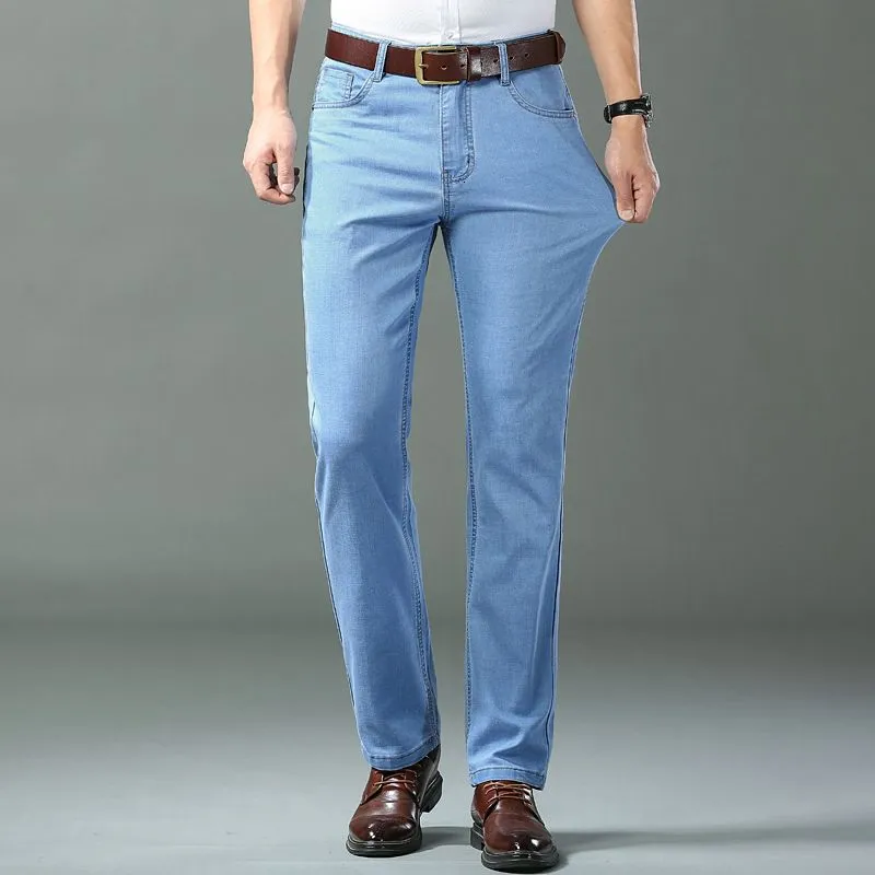 Mens Jeans Springsummer Lightweight Fit Straight Classic Business Clothes Thin Cotton Elastic High Waist Casual Trousers 230615