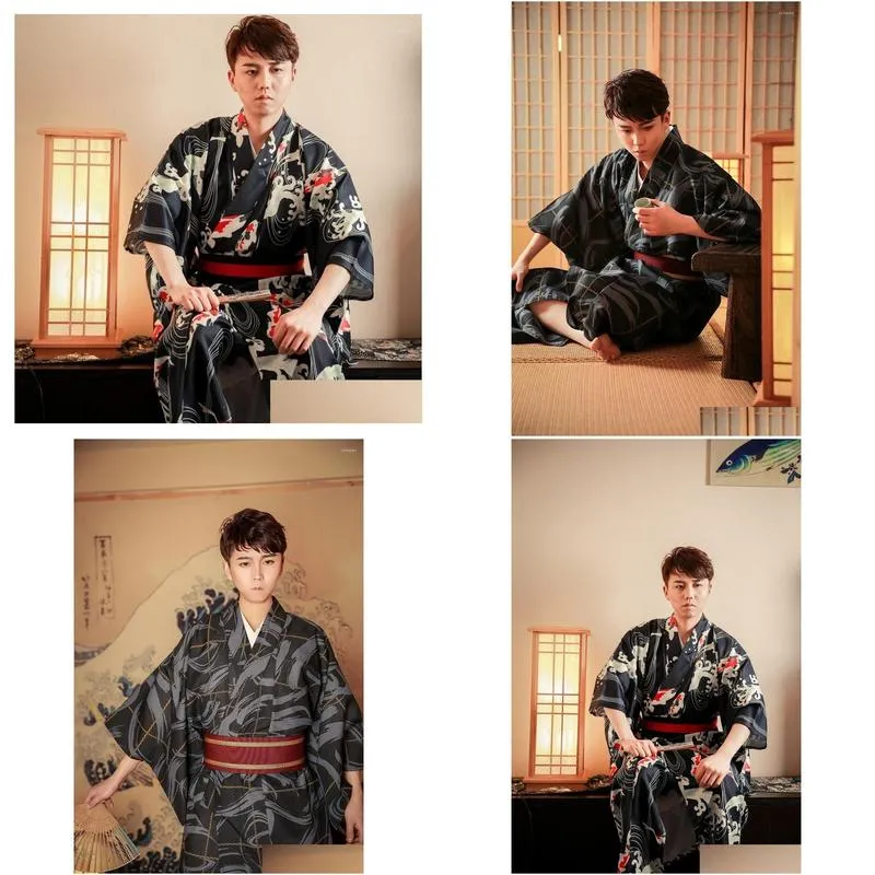 Ethnic Clothing Formal Party Costume Standard Kimono Japan Bathrobe Black Male Cotton Flower Vintage Asian Folk Cosplay One Size