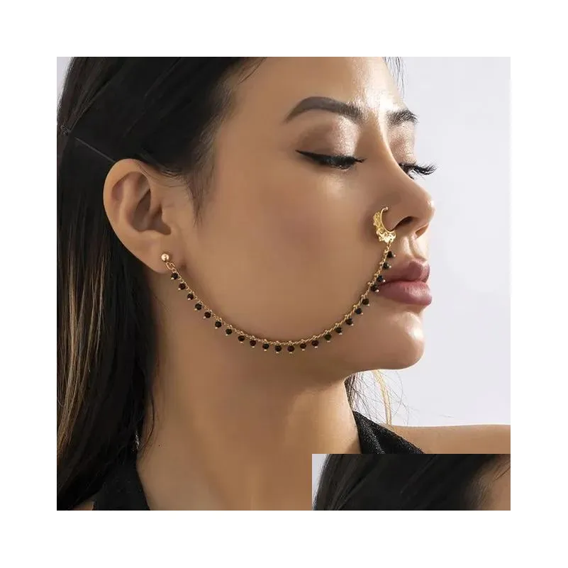 Lacteo Trendy Nose Rings for Women Connecting Earrings Black Green Small Crystal Beads Fake Nostril Piercing Clip Jewelry Ladies