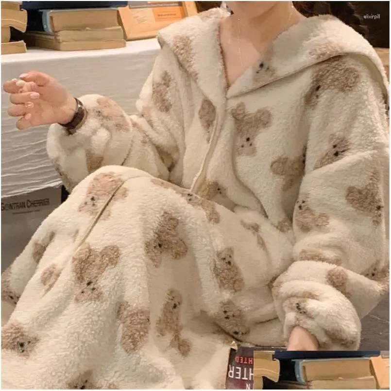 Women`s Sleepwear Flannel Nightgowns Women Fleece Warm Bear Korea Style Sweet Sleepshirt Thermal Winter Nightdress Nightwear Home