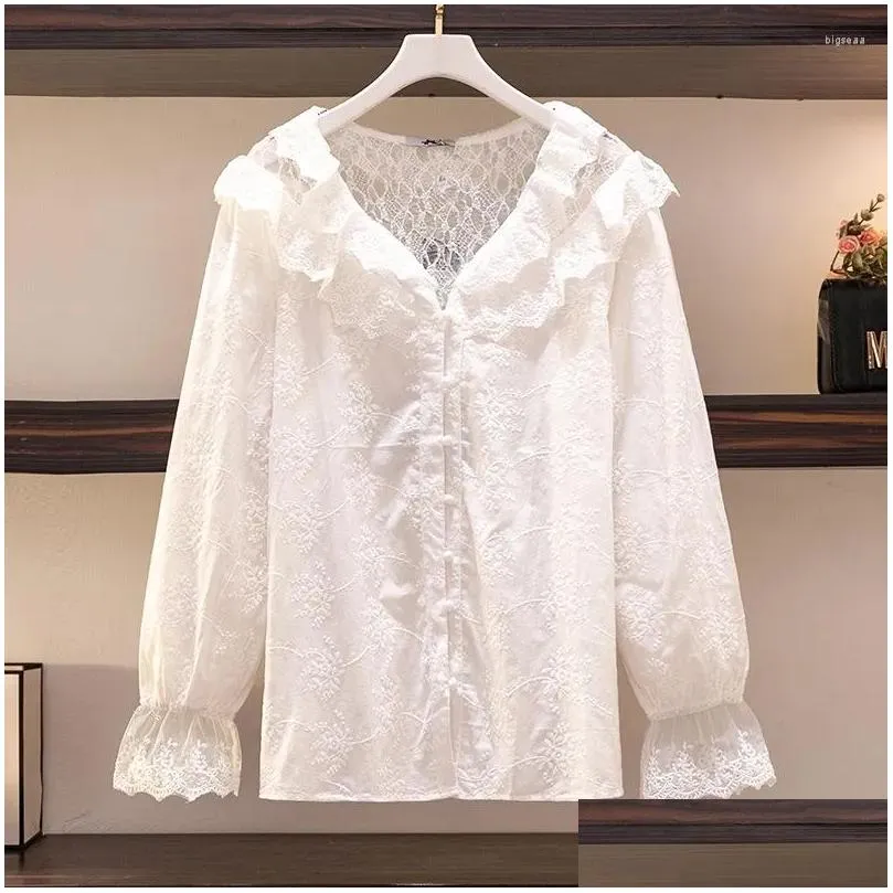 Women`s Blouses Arge Size Women`s Bust 153 Spring Loose Embroidery Hollow Lace Shirt Ruffle Lantern Sleeve Top 5XL 7XL 9XL 160KG