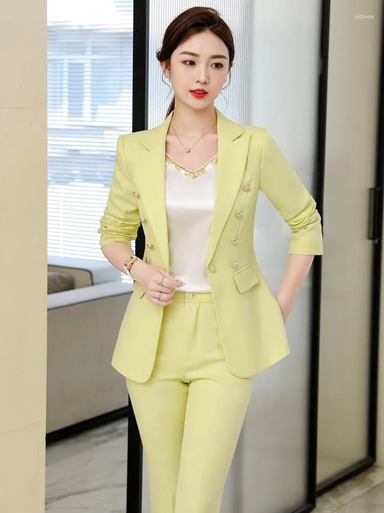 Women`s Two Piece Pants Fashion Yellow Purple Pant Suit Ladies Work Wear Formal Jacket And Trouser Female Business Blazer 2 Set