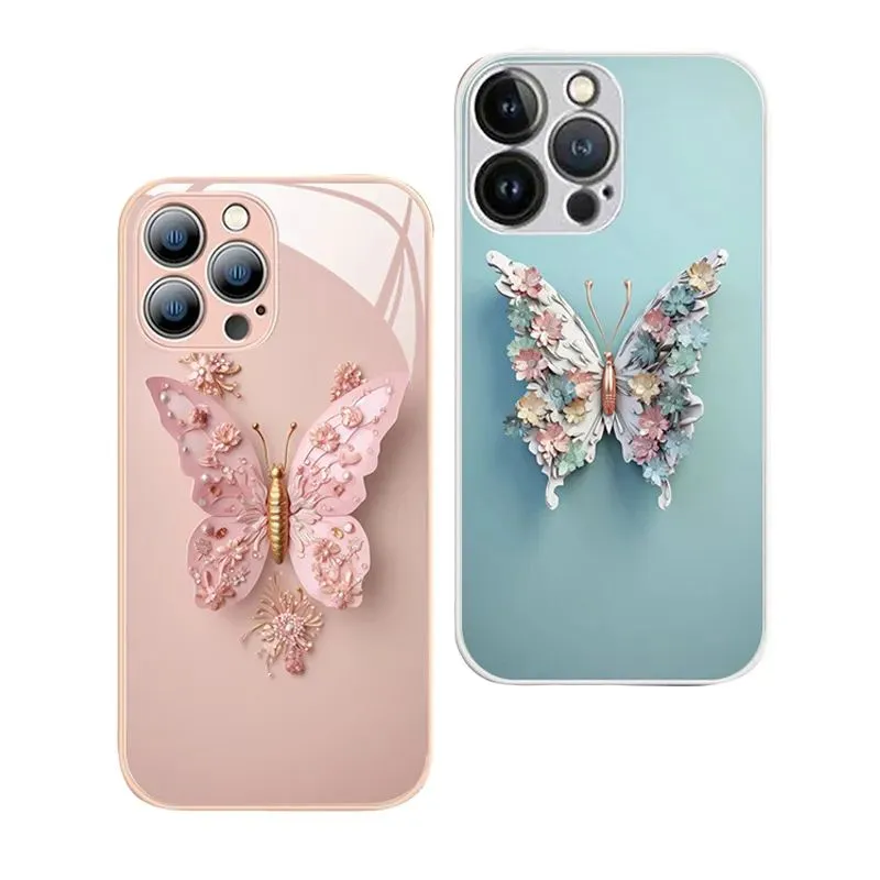 Hard Butterfly Mobile Phone Cases ForIPhone 15 Promax  14 13 12 Plus Glass Mirror Luxury Protective Back Covers With Wrist Band Anti-drop