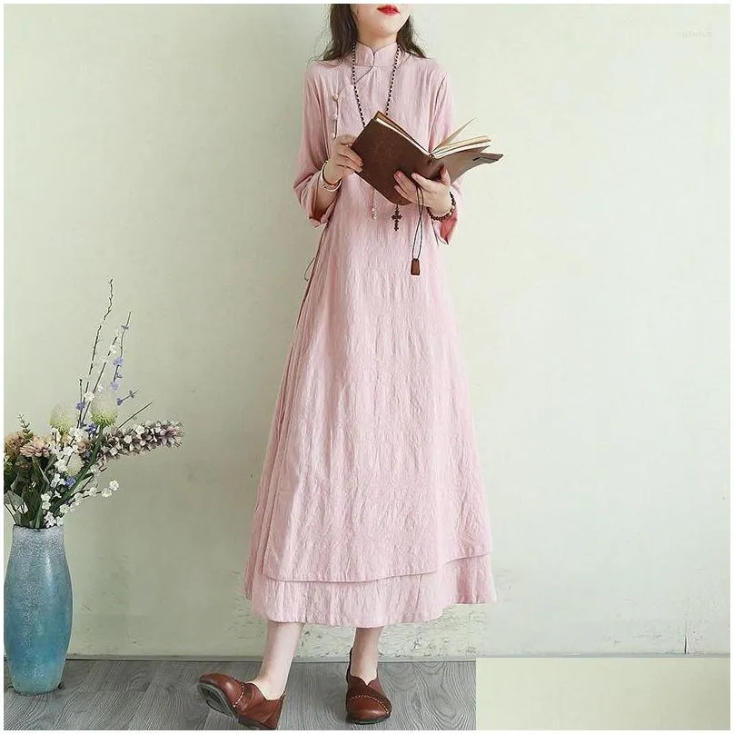 Ethnic Clothing 2023 Chinese Cotton Linen Retro Style Dress Women`s Summer Standing Collar Long Art Improved Qipao